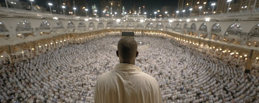 Man in white ihram garment stands overlooking the Grand Mosque during Hajj pilgrimage, surrounded by thousands of worshippers in a circular formation at night