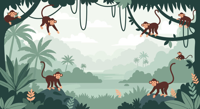 Pixel art monkeys playing in a lush tropical jungle environment