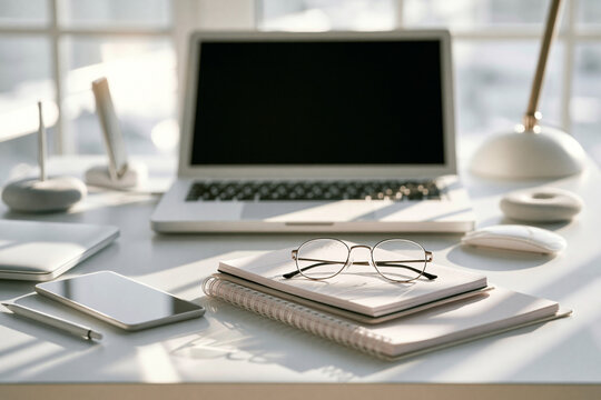 Sunlight spills across a tidy desk setup. Laptop sits idle, keyboard gleaming under the glow. Glasses rest atop notebooks, hinting at focused work. Smartphone, pen, and minimalist lamp add to the calm