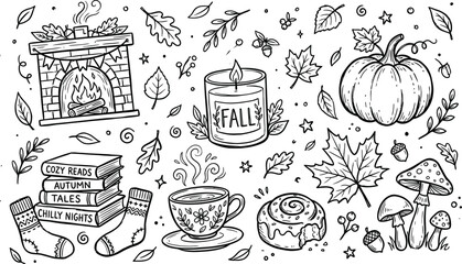 Hand-drawn doodle illustration of cozy autumn elements like pumpkins, leaves, and warm drinks for coloring page © salmagd988