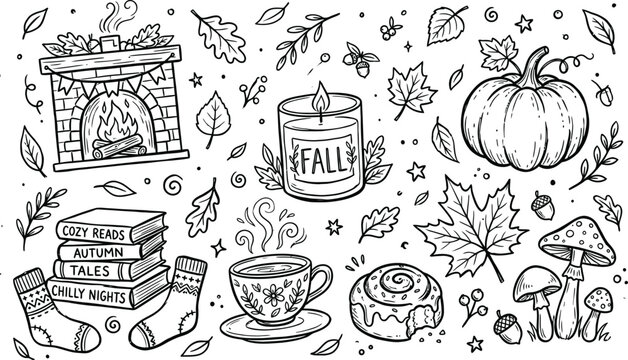 Hand-drawn doodle illustration of cozy autumn elements like pumpkins, leaves, and warm drinks for coloring page