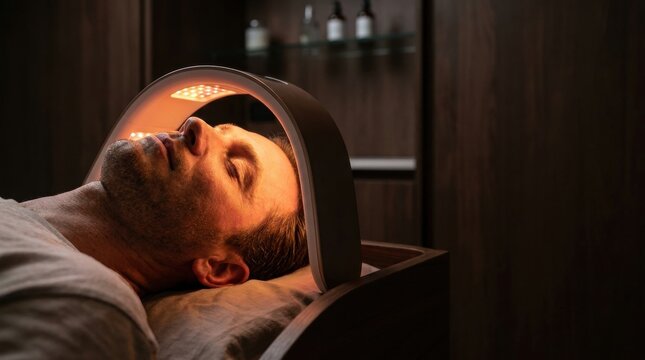 Facial rejuvenation therapy: A man reclines as he receives a light therapy facial treatment, his eyes closed in relaxation, surrounded by the calming ambiance of a spa setting.