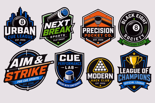 A collection of eight diverse and colorful logos for billiards, pool, and cue sports clubs and leagues, featuring various designs and elements.