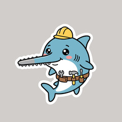 Naklejka premium Cute cartoon sawfish carpenter wearing hard hat and tool belt kawaii sticker illustration