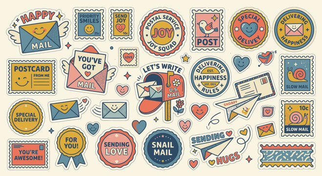 Retro happy mail sticker sheet featuring vintage postage stamps, smiling envelopes, mailbox, and paper airplanes. Colorful collection with hand-drawn typography and quirky Y2K aesthetic designs.