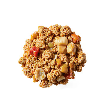 Soy protein crumbles plant-based meat substitute with vegetables isolated on a transparent background for healthy food design