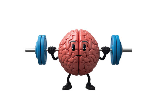 Worried cartoon brain lifting a heavy blue barbell