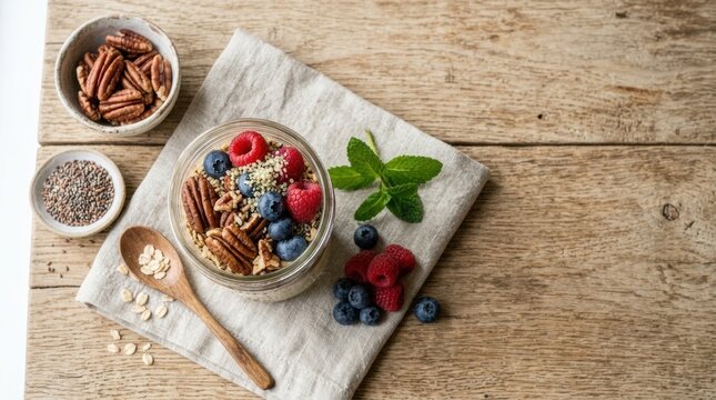Healthy Overnight Oats with Berries and Nuts: A delicious and nutritious serving of overnight oats, topped with fresh blueberries, raspberries, and crunchy pecans.