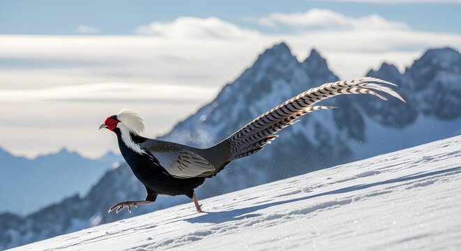 Wild Pheasant Walking on Snowy Mountain Slope with Snow Covered Peaks