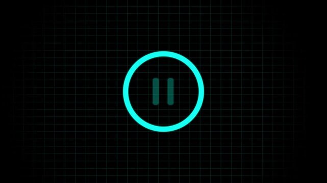 Glowing presses pause sine icon on a virtual display screen, minimalist sine media player user interface controller on black background 4k video.