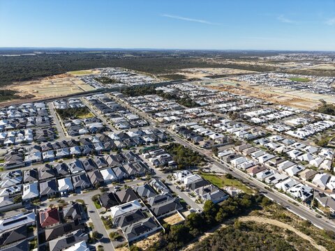 Aerial view of modern suburban housing development and urban expansion in Perth, Western Australia