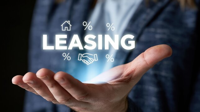 Concept of leasing real estate and agreements with handshake icons and percentage symbols glowing over an open hand