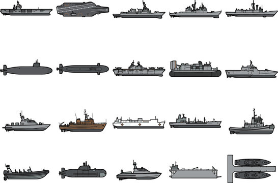 A comprehensive collection of naval warships and submarines, meticulously illustrated in a top-down perspective, showcases the diverse fleet of modern maritime vessels.