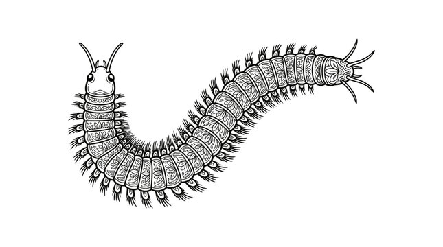 Detailed centipede insect line art drawing.