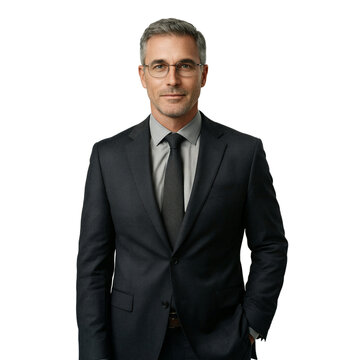 Businessman portrait blazer isolated professional man in mid 40s wearing wire rimmed glasses on a transparent background for corporate design
