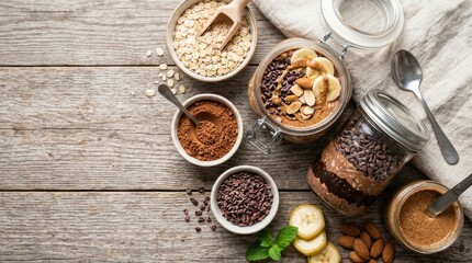 Fototapeta premium Overnight Oats & Cocoa Delight: A visually appealing arrangement of ingredients for overnight oats and cocoa, featuring rolled oats, cocoa powder, chocolate chips, almond butter, sliced bananas.