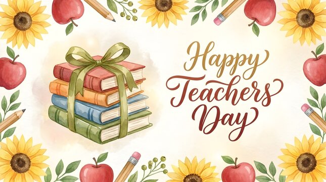 Watercolor greeting card design for teachers day featuring books sunflowers and red apples illustration background