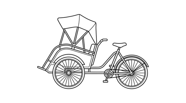 Traditional bicycle rickshaw transport vehicle line art drawing.