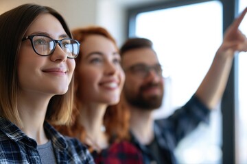 Fototapeta premium Diverse group of young professionals collaborating and pointing towards a bright future in an office setting