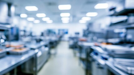 Obraz premium Blurry abstract background of a modern sterile laboratory or cleanroom environment with rows of stainless steel workstations and overhead lighting