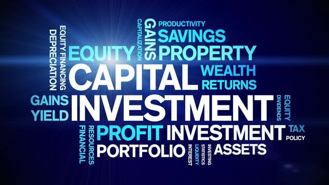 Capital investment animated word cloud-text design animation tag kinetic typography seamless loop.