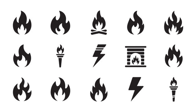 Fire and flame icons set including campfire symbols torches lightning and fireplace graphic elements.