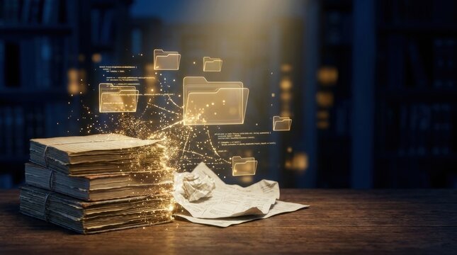 Digital Archive Bloom: Ancient scrolls and aged books are illuminated by a magical glow, releasing holographic files and data in a dynamic display of knowledge merging with technology.
