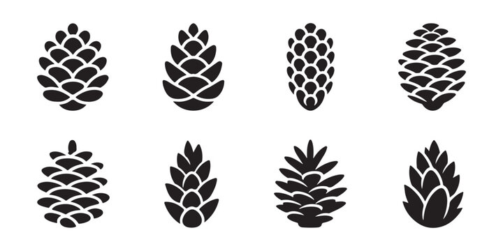Set of eight black pine cone icons on transparent background, natural element of forest tree.