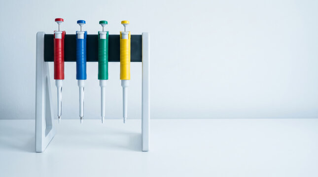Colour Coded Micropipettes Standing in a Laboratory Rack