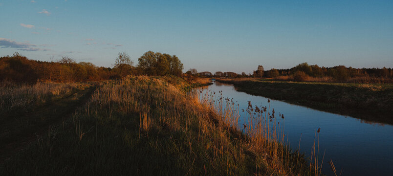 Calm River at Sunset Reflection of Blue Sky with Dry Reeds on Bank Golden Hour Natural Landscape Panorama