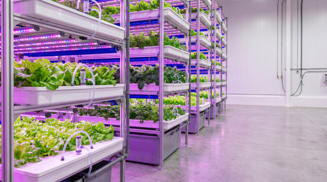 Vertical Farming Racks of Leafy Greens Under LED Light