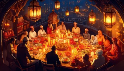 Obraz premium Community dinner gathering with lanterns overlooking city at night