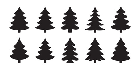 Obraz premium Assortment of diverse black evergreen pine tree silhouettes for winter holiday and nature graphic design.