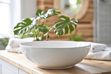 Fototapeta premium Clean white ceramic basin on a wooden vanity countertop surrounded by fresh towels and tropical plant