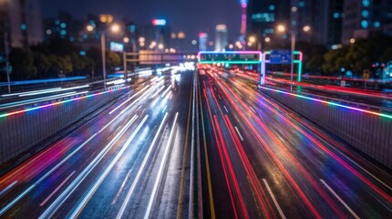 Obraz premium High speed traffic creates vibrant light streaks on a busy city highway during the dark night time.