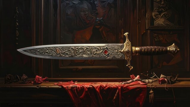 Ornate medieval dagger resting on red velvet cloth.