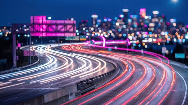 A vibrant highway scene at night featuring long exposure light trails against a blurred city.