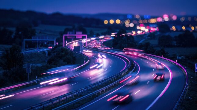 A sweeping highway curve at night with motion blurred vehicle lights and a distant city backdrop.