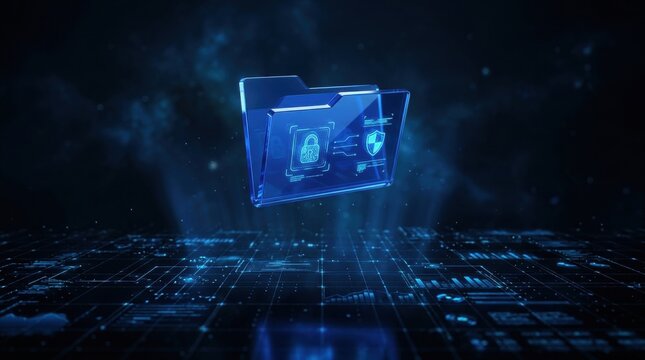 Digital Data Security Folder: A translucent blue folder hovers above a circuit board, glowing with futuristic digital security symbols like locks and digital footprints.