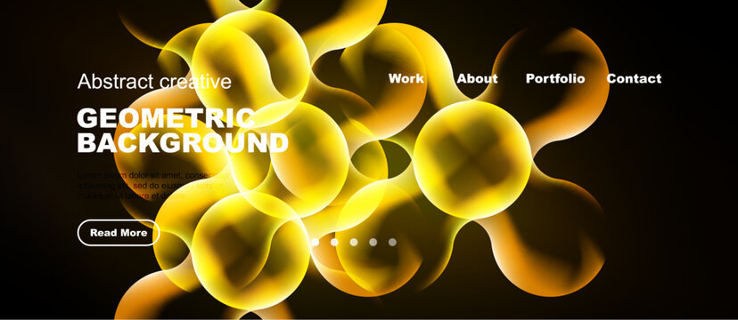 Bright yellow bubbles float over black backdrop. Website header includes navigation options, text, button. Modern design.