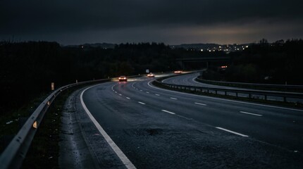 Obraz premium Dark Rural Highway at Night With Distant City Glow and Two Vehicles Driving Along the Roadway.