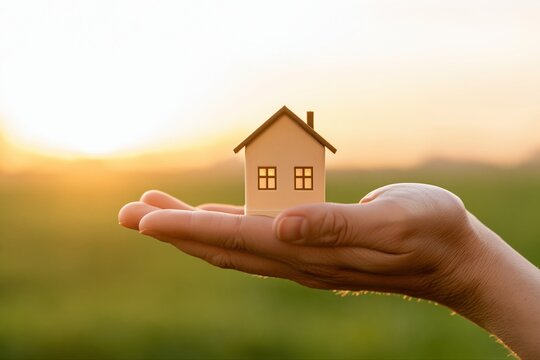 Hand holding miniature wooden house model against blurred green field and sunset sky