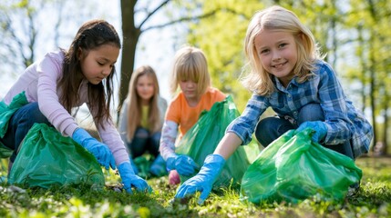 Fototapeta premium Children Picking Up Trash in Sunny Public Park for Earth Day