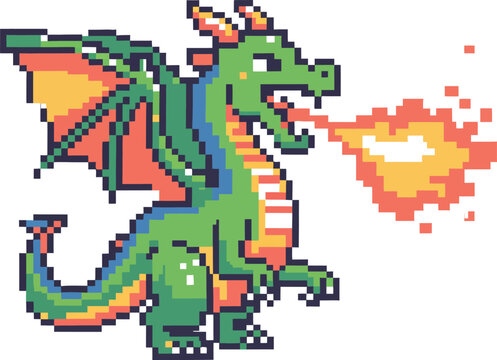 8-bit pixel dragon breathing fire with retro fantasy game sprite, arcade monster character, pixel art creature, classic gaming mascot illustration, vector, designs