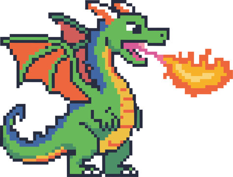 8-bit pixel dragon breathing fire with retro fantasy game sprite, arcade monster character, pixel art creature, classic gaming mascot illustration, vector, designs