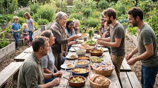 Diverse Multigenerational Friends Enjoying Potluck Meal in Outdoor Community Garden