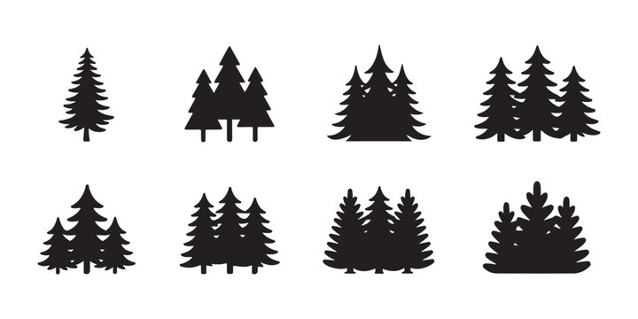 Set of black pine tree silhouettes isolated on transparent background, christmas tree vector.