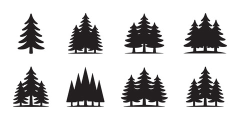 Obraz premium Set of black pine tree silhouettes isolated on transparent background, christmas tree vector.