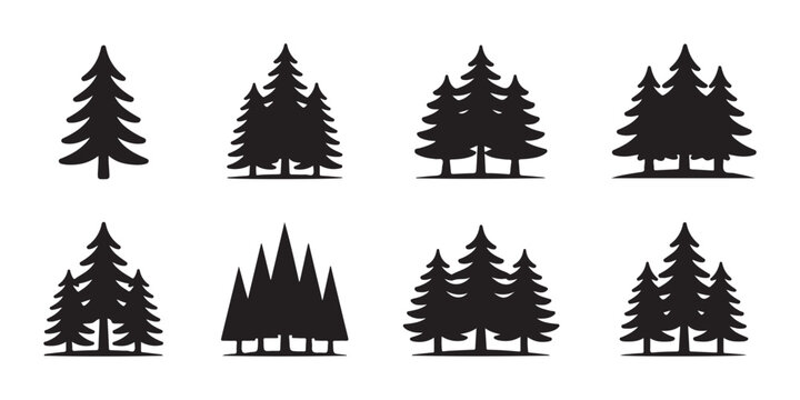 Set of black pine tree silhouettes isolated on transparent background, christmas tree vector.