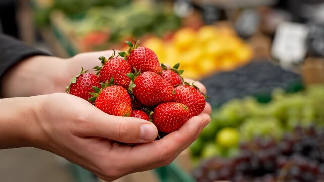 A person's hands hold a large handful of fresh ripe red strawberries